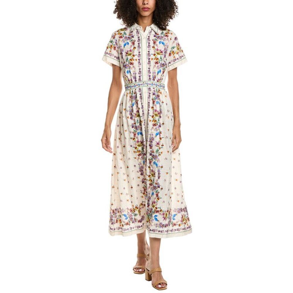 Max Studio Womens Short Sleeve Button Front Midi Dress, White
